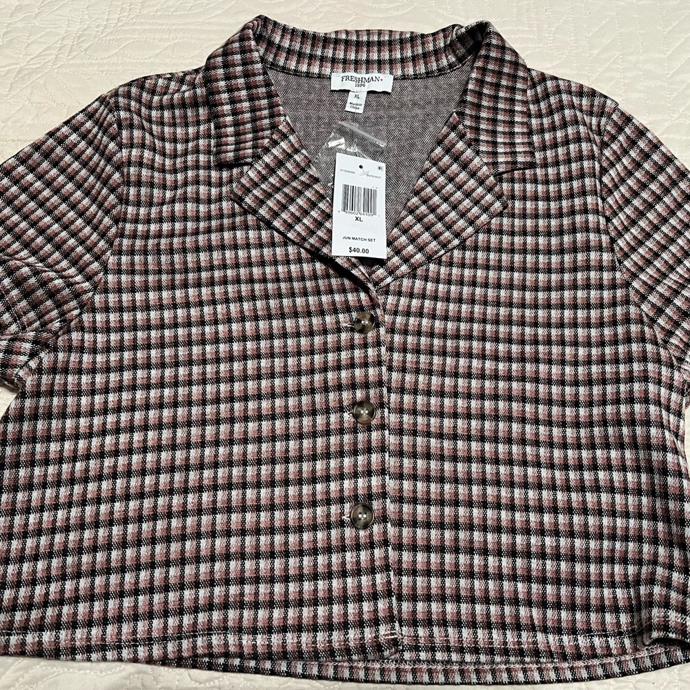 Freshman Plaid Crop Top - Black, White, and Pink